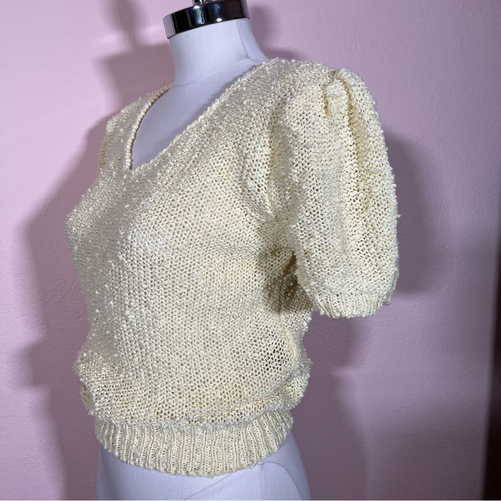 Vintage 70 80 Retro Pale Yellow Nubby Puff Sleeves Feminine Cropped Sweater - Picture 8 of 16